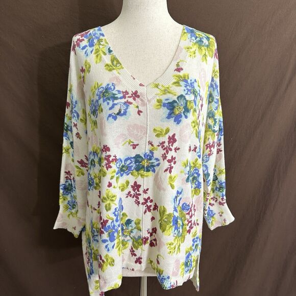 SUNDANCE Women's Johanna Multicolored Floral  V-Neck Cotton Sweater Size MEDIUM - Picture 1 of 6